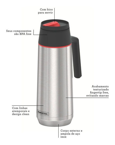 Imagen 2 de 4 de Termo Bala Con Pico Exata Tramontina Acero 750ml