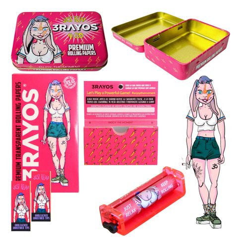 Kit Armador Cigarrillo + Lata + Celulosa Y Tips X 100 3rayos Rosa