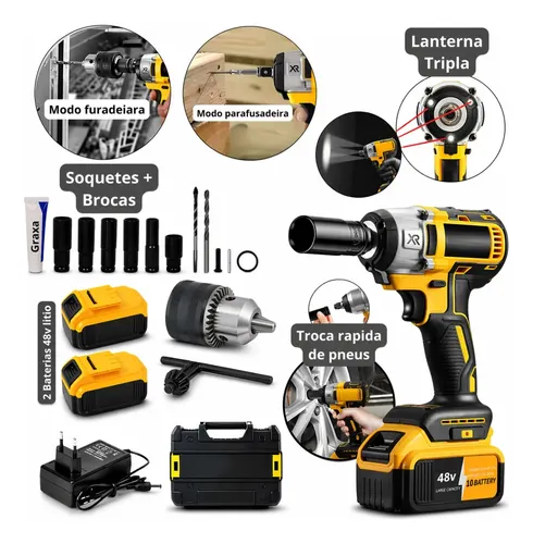 ChaveDeImpactoCom2BateriasFuradeiraParafusadeiraProfissionalMandril1,2QuadradoTorque440n.m0-2400RpmVelocidadeVariávelCarregadorBivoltMotorSemEscovaEAcessóriosCncDoBrasil