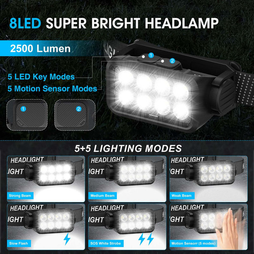 Linterna Frontal Recargable 8 Led 2500 Lúmenes Marca X Model Color De La Luz Color De La Linterna