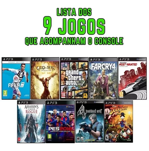 Ps3 Slim + 9 Jogos - Gta5 - Fifa 19 - God Of War - Far Cry 4