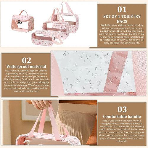 Set De Neceser Rosa De 4 Piezas, Bolsa De Cosméticos De Viaj