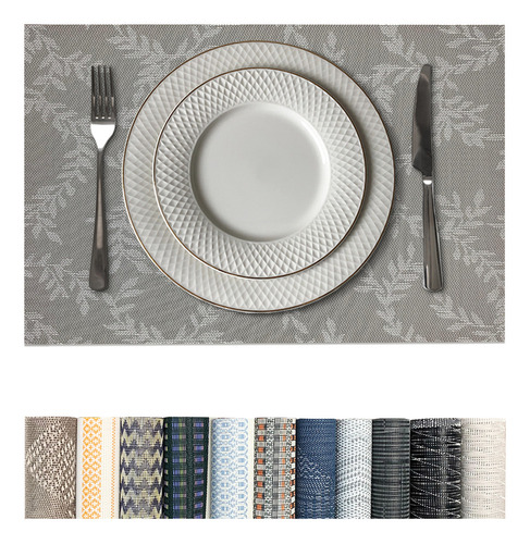 10 Jogo Americano Mesa Posta Luxo Impermeável Pvc Mz Dese Vr Cor M8 Folhas Cinza Claro Escuro Grafite Preto Prateado Desenhos Mz Retangular