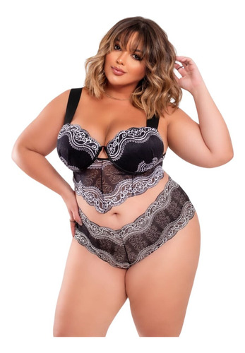 Conjunto Plus Size Cropped Caleçon Renda Preto Branco 197.02