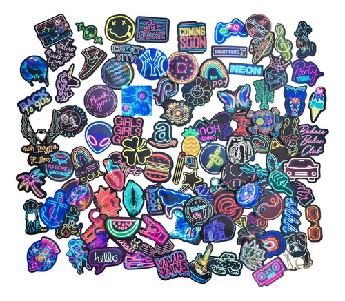 Kit 100 Adesivos Neon Fluorescente Caveira Placas Rock Cores