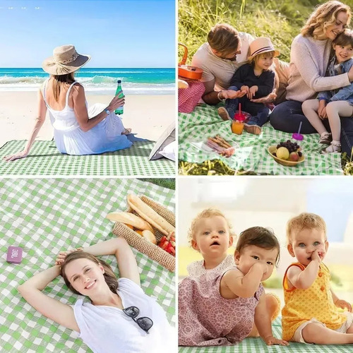 Tapete De Picnic Impermeable Acampar Playa Manta 180x180cm Color Cuadros Verdes Y Blancos