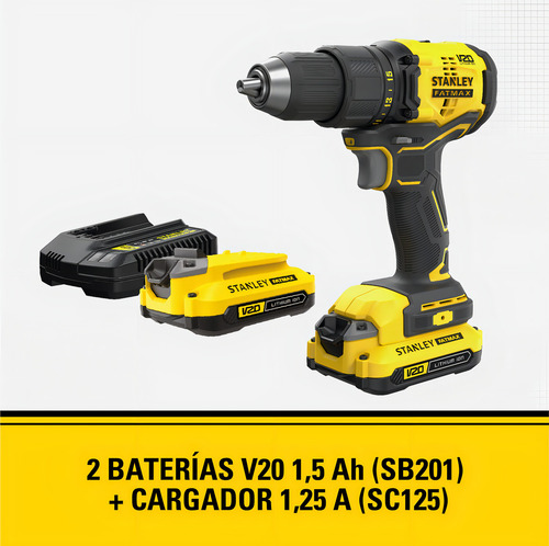 Taladro Atornillador 13mm 20v + 2 Baterías Y Maleta Stanley Amarillo 50 Hz/60 Hz
