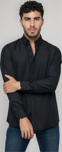 Camisa Manga Larga Hombre Moonkey Negra Lisa Slim Fit