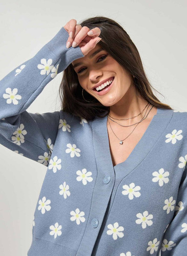 Cardigan Tricô Jacquard Azul Com Margaridas