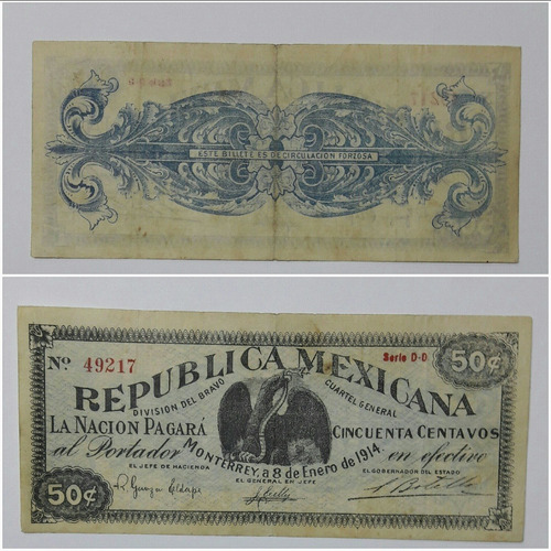 Billete De Monterrey. 50 Centavos, Revolución Mexicana .1914