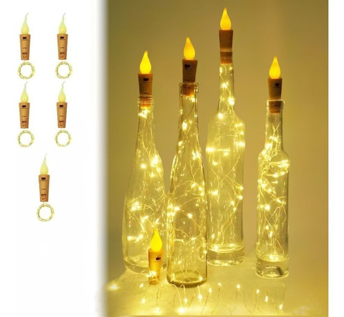 5 Tapa Botella Decoracion C/luces Velas 30 Led Luz Cálida