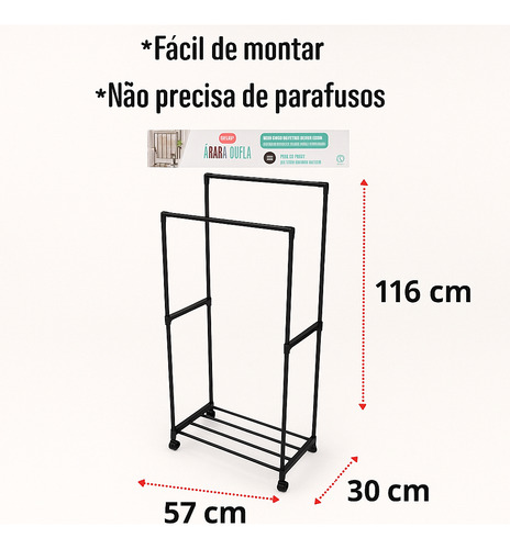 Cabideiro De Chão Dupla Com Rodas E Sapateira Aço Inox