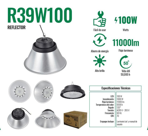 Imagen 2 de 8 de Reflector Led Industrial Redondo Campana 100w