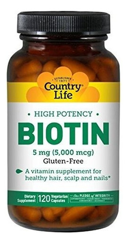 Country Life - Biotina De Alta Potencia, 5 Mg - 120 Cápsulas