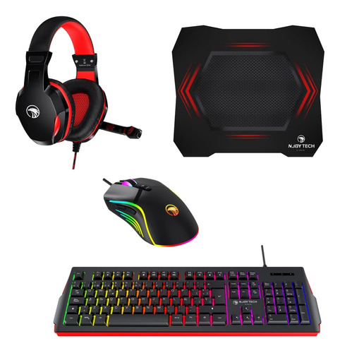 Set Gamer Njoytech Con Teclado, Mouse, Audífonos Y Mouse Pad Color del teclado Negro/Rojo