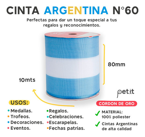 Cinta Bandera Argentina Cordon De Oro N60 80mm X10m