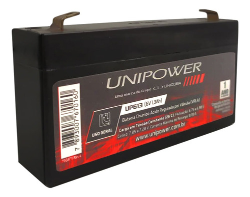 Bateria Selada Vrla 6v 1,3ah F187 Up613 Unipower