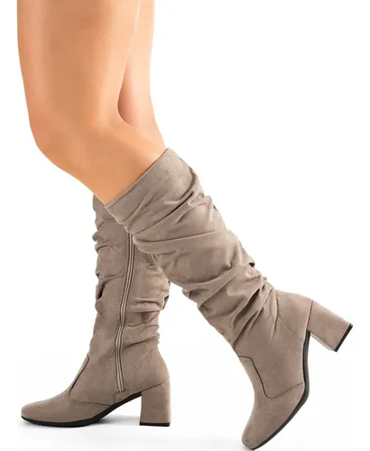 Bota Feminina Lumiss Cano Longo Enrugada Slouchy Salto Bloco