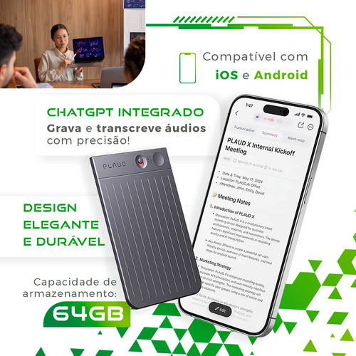 Plaud Note Gravador De Voz Com Ia Chatgpt Tradutor 64 Gb Cor Preto