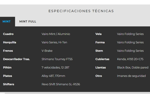 Imagen 4 de 7 de Bicicleta Plegable Vairo Mint Folding R20 7v Cambio Shimano