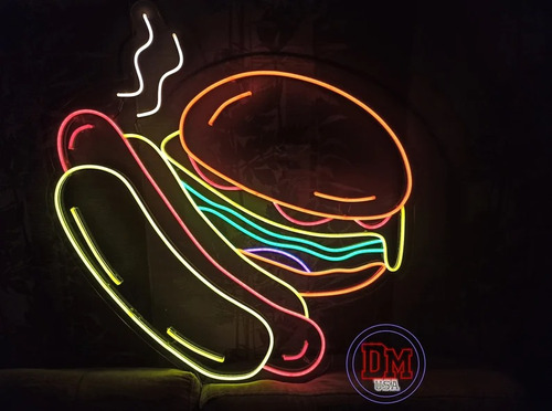 Letrero Led Neon Hot Dog Hamburguesa Ancho 50cm Luminoso
