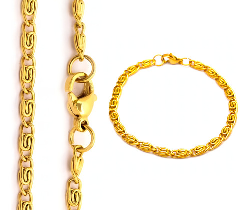 Conjunto Oro 18k Cadena 50x3 Y Pulsera 19x3 Caracol Ecxclusi