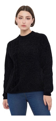 Sweater Mujer Chenille Cuello Mock Negro Corona