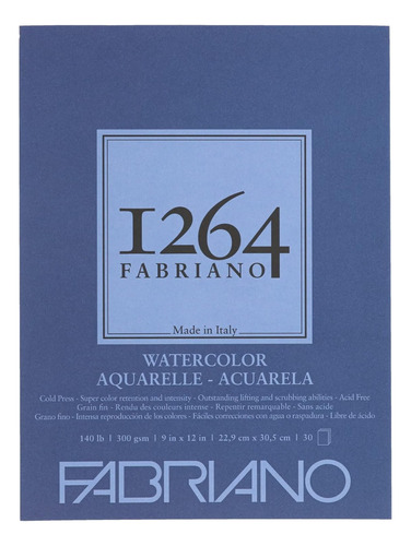 Fabriano 1264 Block Acuarela Dibujo 22.9x30.5cms 300 Gsm 30h