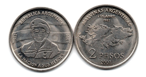 Argentina Moneda 2 Pesos Conmemorativa Islas Malvinas 2007