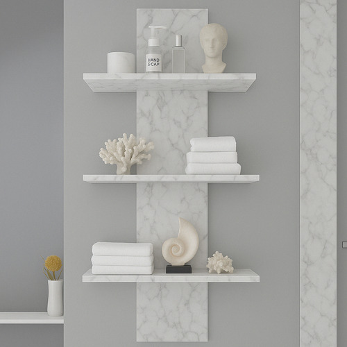 Repisa Decorativa De Baño Moderna Con Estantes Color Nogal Mármol Blanco