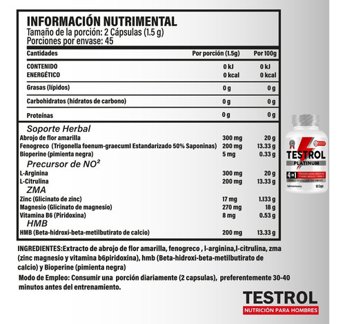 Combo Testrol Platinum 4en1 + Cafeína Platinum / 90 Caps C/u Sabor Sin Sabor
