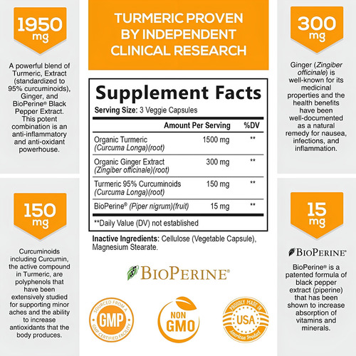 Nature's Nutrition Premium Turmeric Cúrcuma Con Bioperina 1950mg botella de 240 cápsulas sin sabor