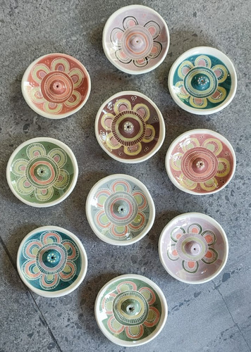 Porta Sahumerio De Cerámica Artesanal Redondo Decorado X2 Multicolor Pack Mandala