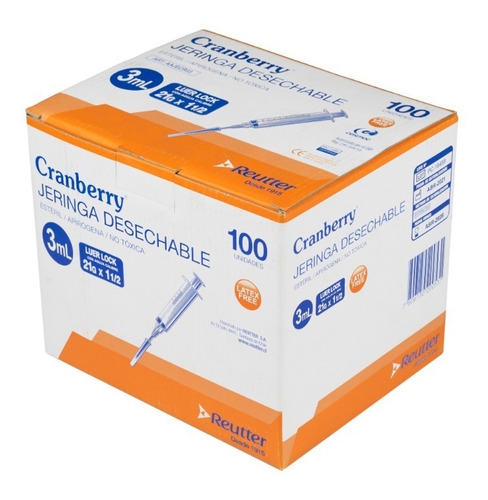 Jeringa 3ml Cranberry® Luer Lock (21g *1 1/2 & 23g *1) * 100