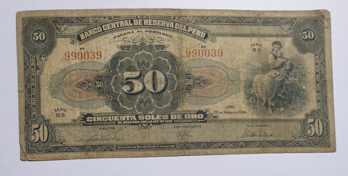 Billetes Mundiales : Perú 50 Soles De Oro Año 1944 Sabana