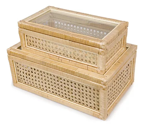 Poprhino Caja Decorativa De Ratán Con Tapas De Vidrio, Caj