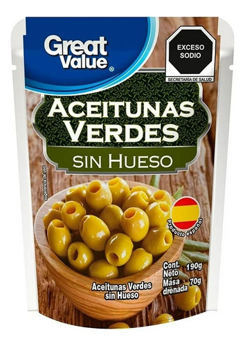 10 Pzas Aceitunas Verdes Great Value Con Hueso 190 G
