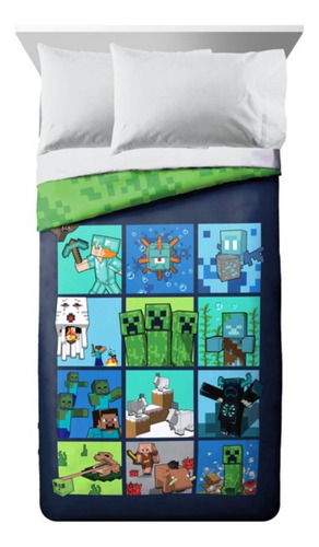 Edredon Minecraft 2 Pzs Doble Vista Individual / Matrimonial Verde 2 Estampado