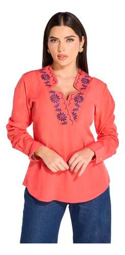 Blusa Dama Coral Bordada Manga Larga Mundo Terra 158708