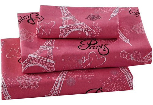 Juego De Sábanas Niñas Torre Eiffel Corazones Flores Rosa