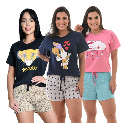 Kit 3 Pijamas Feminino Curto Verão Babydolls Manga Short