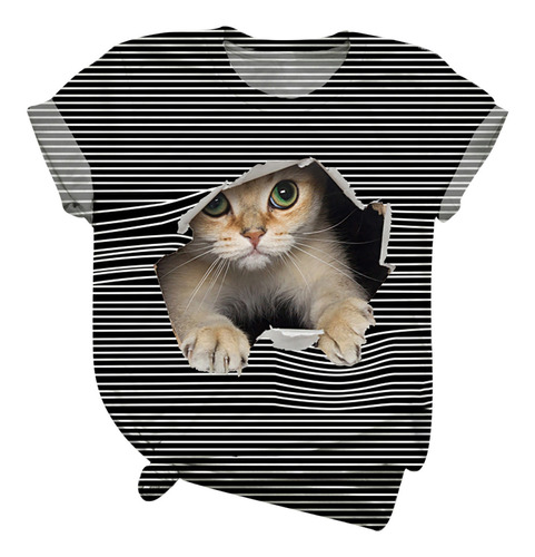 Playera De Mujer Con Cuello En O Manga Corta 3d Gato Animal