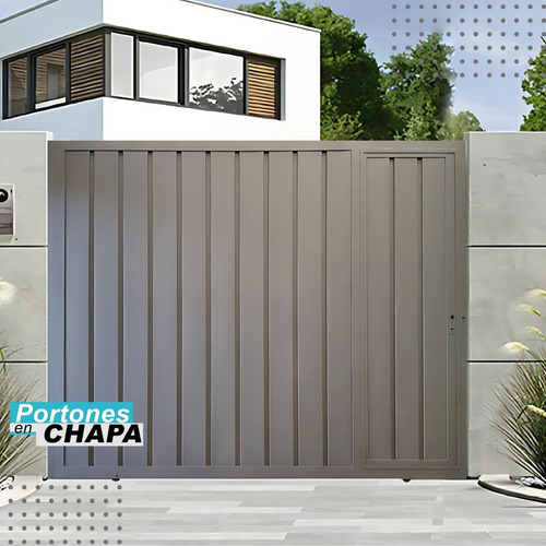 Porton Corredizo Chapa Con Puerta, Plegado Vertical Gris Oscuro