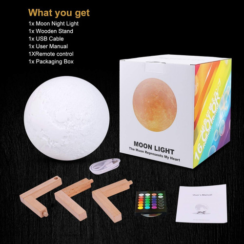 Lampara 3 D Luna 15cm - Recargable - 16 Colores