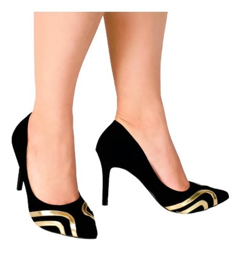 Imagem 2 de 6 de Scarpin Sapato Fechado Salto Fino Preto Com Filete Dourado