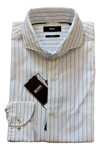 Camisa Hugo Boss Blanca A Rayas Azul Cuello Cutaway Slim Fit