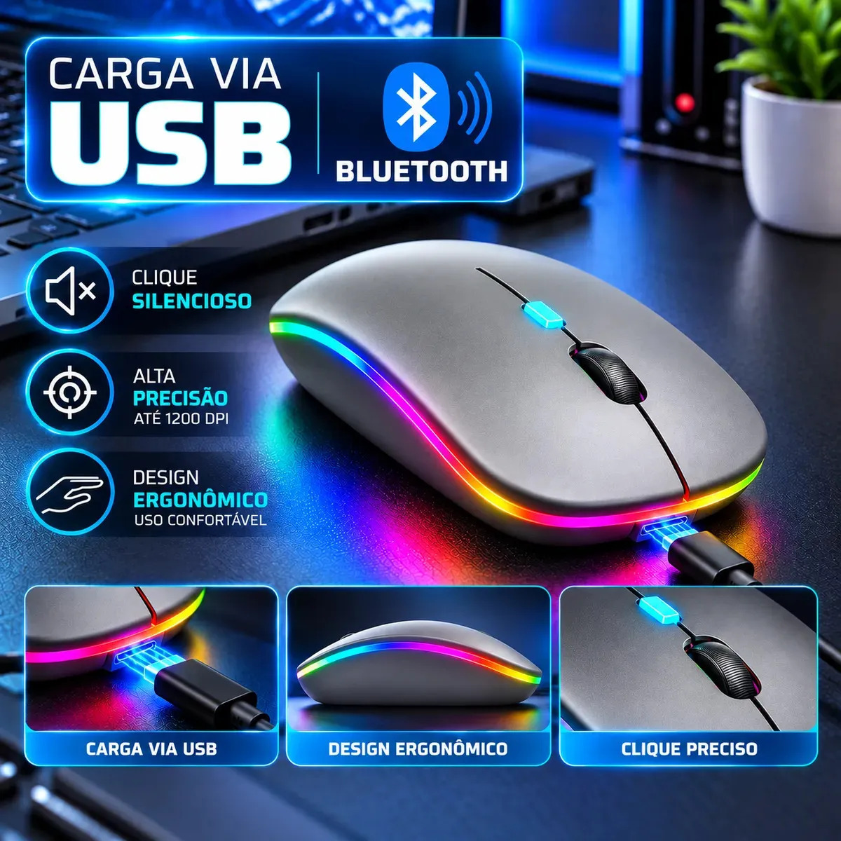 Mouse Sem Fio Recarregável Wireless Bluetooth Optico Led Rgb Ergonômico Para Pc Desktop Notebook Tablet Smartphone Cinza · foto 6