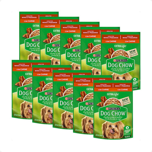 10 Ração Úmida Dog Chow Sabor Carne Cães Minis Pequenas 100g