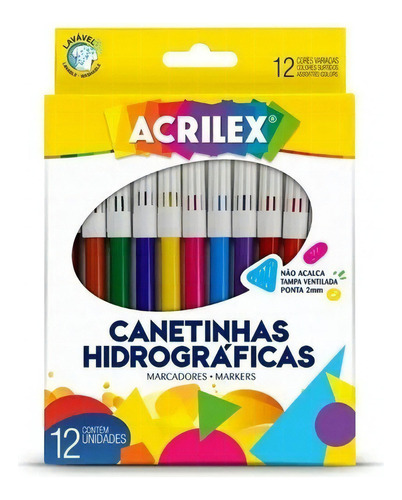 Canetinha Colorida Hidrográfica Lavável 12 Cores Acrilex