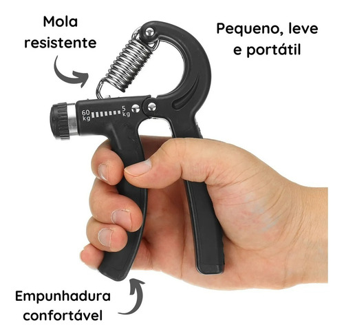Hand Grip Com Mola Ajustável De Força 10 A 60kg Fisioterapia Cor Preto